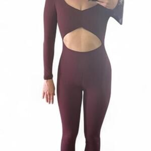 Emma Lou Starlit Jumpsuit Burgundy Ruched Cut Out Sculpting XS Retails $115